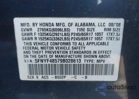 2009 Honda Pilot Ex-L из США, поврежденный, VIN 5FNYF48579B028613